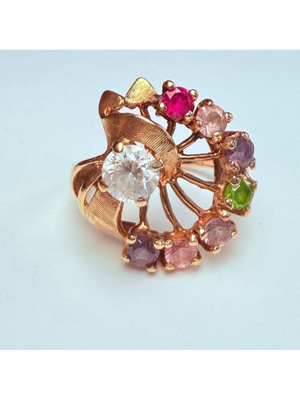 Estate Romany 14K Solid Yellow Gold Multi Gemstone Ruby Sapphire Amethyst Ring